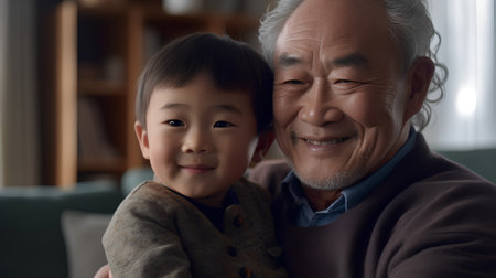 Portrait of asian grandfather and grandson looking at camera at homeの素材
