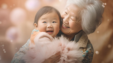 Asian senior woman and her granddaughter playing together with bokeh backgroundの素材