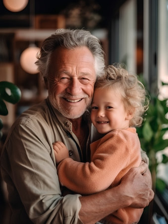 Portrait of a grandfather with his granddaughter looking at camera and smilingの素材