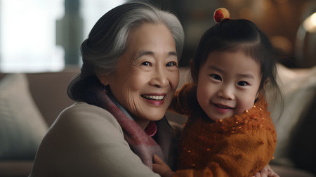 Portrait of Asian senior woman and her granddaughter hugging at home.の素材