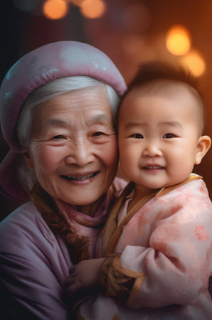 Portrait of happy asian senior woman and her grandchild.の素材