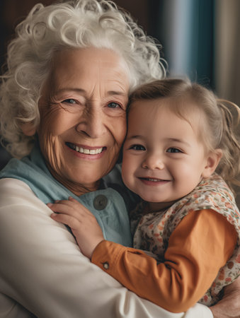 Portrait of smiling senior woman and her granddaughter at home. Grandmother and granddaughter together.の素材
