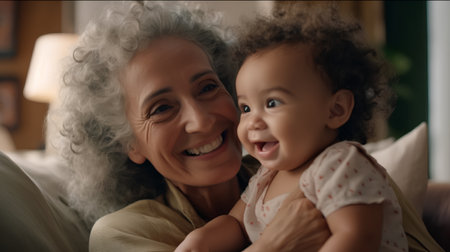 Portrait of a smiling grandmother and her little granddaughter looking at cameraの素材