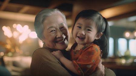 Portrait of happy asian little girl embracing her grandmother at homeの素材