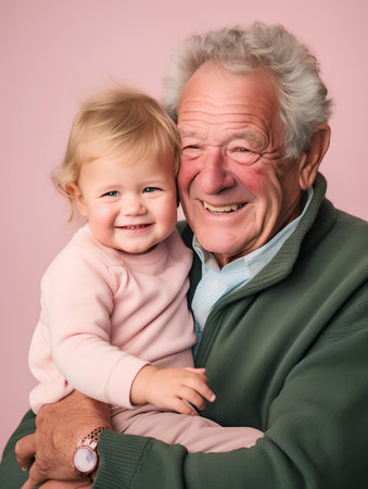 Portrait of a smiling grandfather with his granddaughter on a pink backgroundの素材