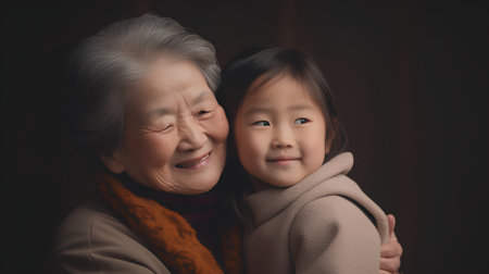 Grandmother and granddaughter are hugging and smiling. Asian family concept.の素材