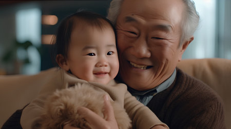 Asian grandfather and granddaughter playing together at home. Concept of a happy family.の素材