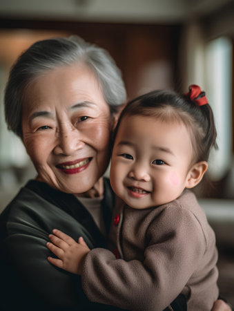 Portrait of asian senior woman with grandchild at home.の素材