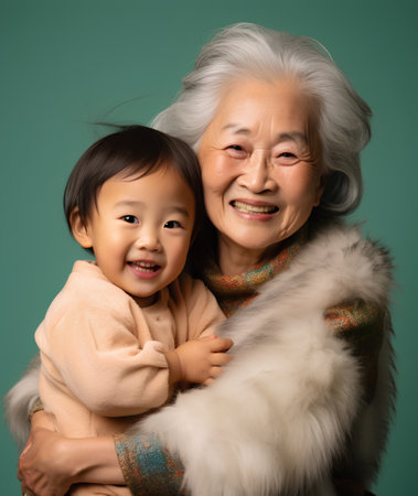 Portrait of an Asian grandmother with her granddaughter on a green backgroundの素材