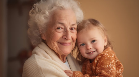 Portrait of happy senior woman with her granddaughter, over brown backgroundの素材