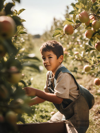 Little boy picking apples in an orchard. Selective focus.の素材