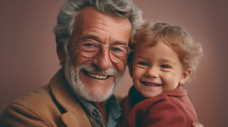 Portrait of a smiling grandfather and his grandson looking at camera.の素材