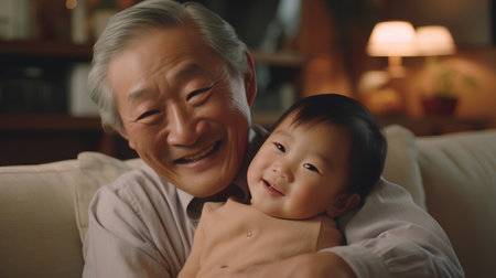 asian grandfather and grandchild sitting on sofa in living room at homeの素材