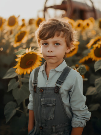Portrait of a cute little boy on the field of sunflowersの素材