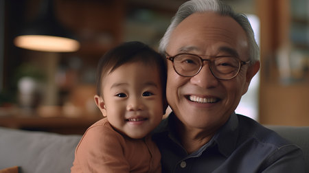 Portrait of asian grandfather and grandchild together at home.の素材