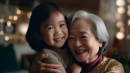 Asian grandmother and granddaughter looking at camera and smiling while sitting in living room at homeの素材