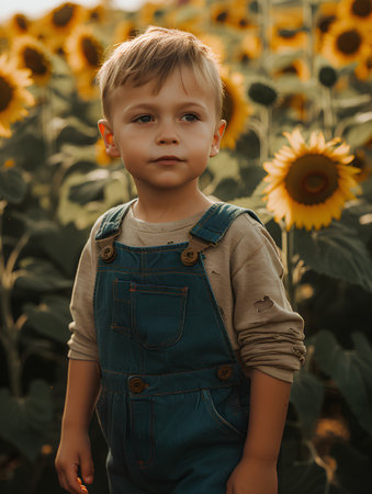 Portrait of a little boy in a field of sunflowersの素材