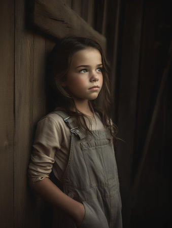 Portrait of a beautiful little girl in a denim overalls.の素材