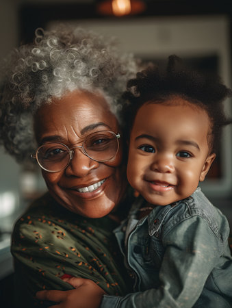 Portrait of a smiling African American grandmother and her grandson at home.の素材