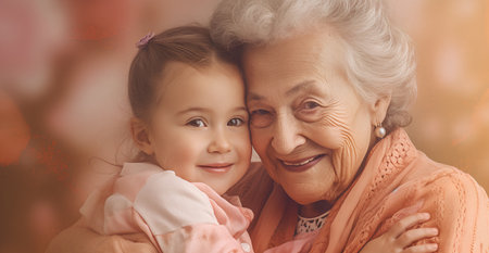 Portrait of a cute little girl hugging her grandmother and looking at cameraの素材
