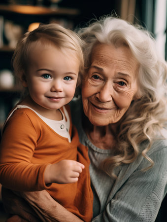 Portrait of smiling senior woman and her granddaughter looking at camera at homeの素材