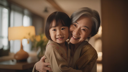 Grandmother and granddaughter embracing each other in the living room at homeの素材