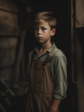 Portrait of a cute little boy in overalls standing in the barn.の素材