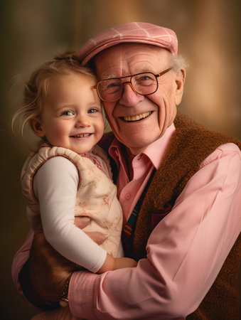 Portrait of a smiling grandfather with a little girl in his armsの素材