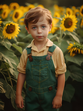Portrait of a little boy in a field of sunflowersの素材
