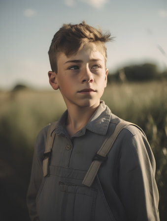 Portrait of a boy with a backpack in the field. Close-up.の素材