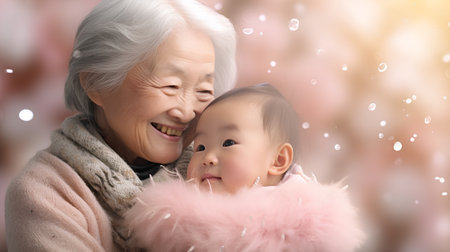 happy asian senior woman with grandchild over bokeh backgroundの素材