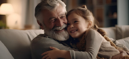 Portrait of happy grandfather and granddaughter hugging and smiling while sitting on sofa at homeの素材