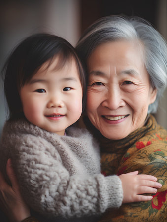 Asian grandmother and granddaughter smiling and hugging at home. Happy family concept.の素材