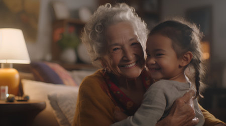 Portrait of happy grandmother and granddaughter looking at camera while sitting on sofa at homeの素材