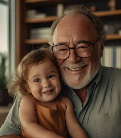 Portrait of a smiling grandfather with his little granddaughter at home.の素材