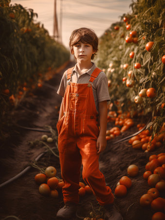 Portrait of a cute little boy in orange overalls standing among tomatoes in a greenhouse.の素材