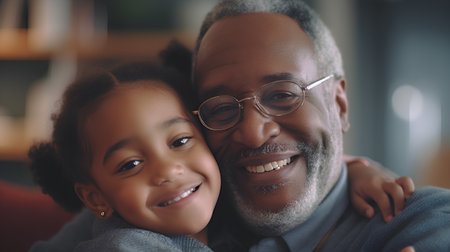Portrait of smiling African-American grandfather and granddaughter looking at cameraの素材