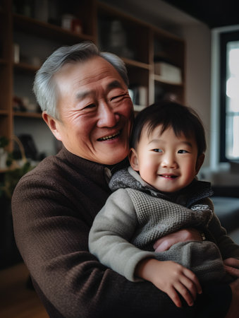Asian grandfather with grandson at home. Grandfather and grandson in the living room.の素材