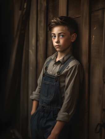 Portrait of a cute little boy in denim overalls. Studio shot.の素材