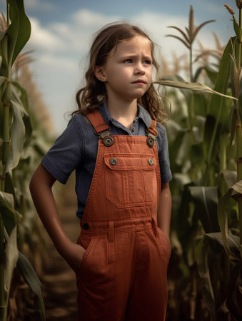 Cute little girl standing in corn field, looking at camera.の素材