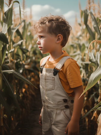 Portrait of a cute little boy in a corn field. Harvest timeの素材