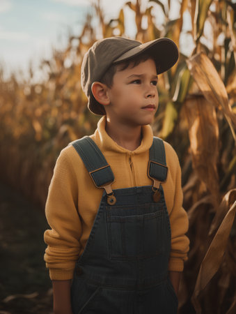 Cute little boy in cap and overalls standing in corn fieldの素材