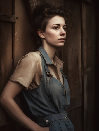Portrait of beautiful young woman in denim overalls. Fashion photo.の素材