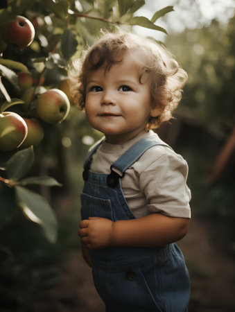 Portrait of a cute little boy in the garden with apples.の素材