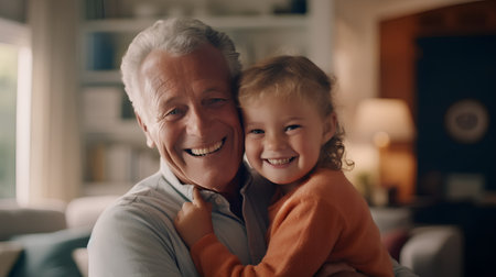 Portrait of happy grandfather and his granddaughter looking at camera and smilingの素材