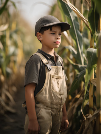 Portrait of a boy in a cornfield. Selective focus.の素材