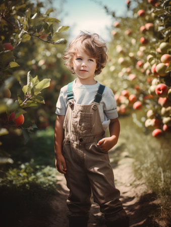 Cute little boy picking apples in an orchard on a sunny dayの素材