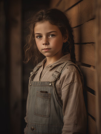 Portrait of a little girl in a denim overalls in a rustic settingの素材