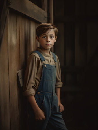 Portrait of a cute little boy in denim overalls standing in the barnの素材