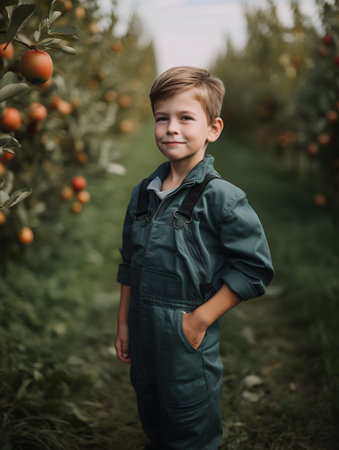 Portrait of a boy in a green overalls standing in an orchardの素材
